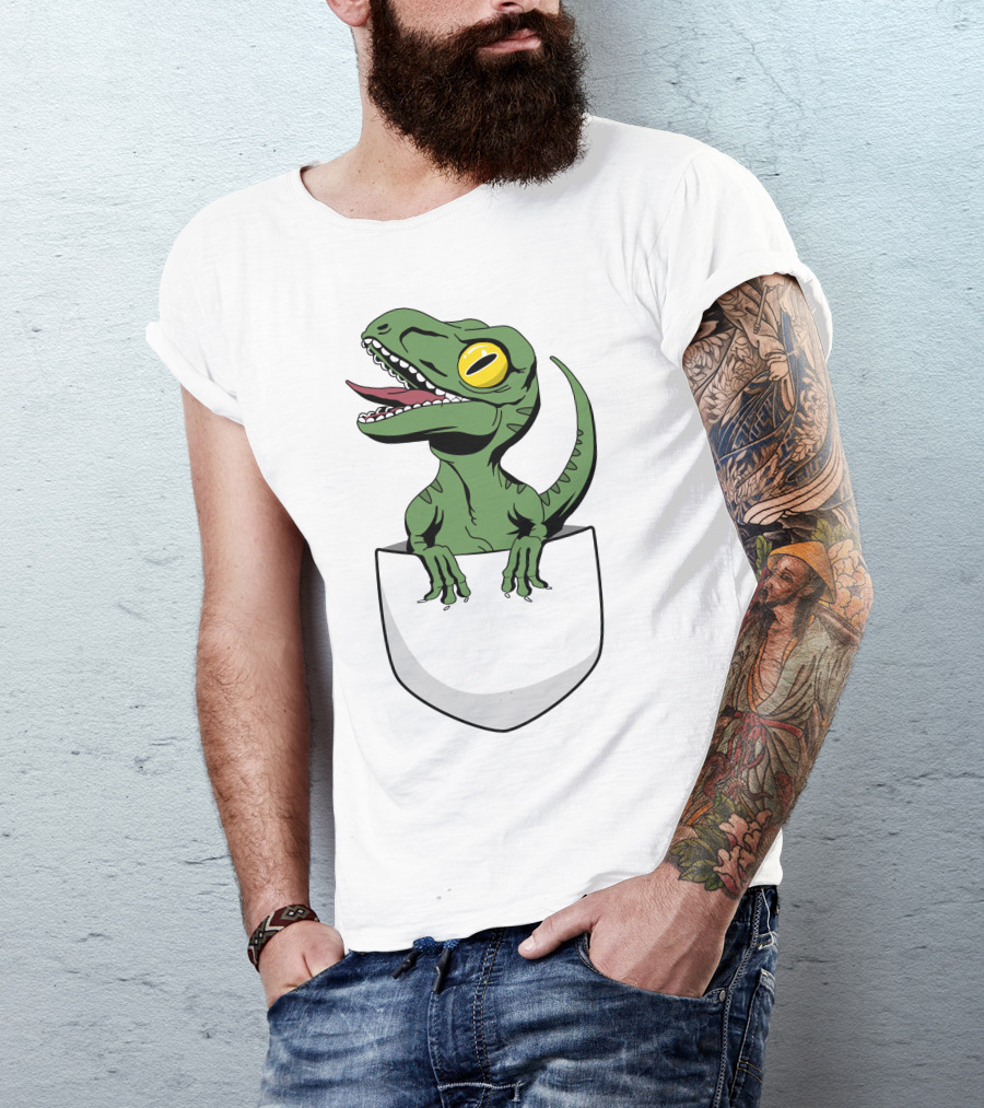 Pocket Raptor Dinosaur Peeking Out T-Shirt