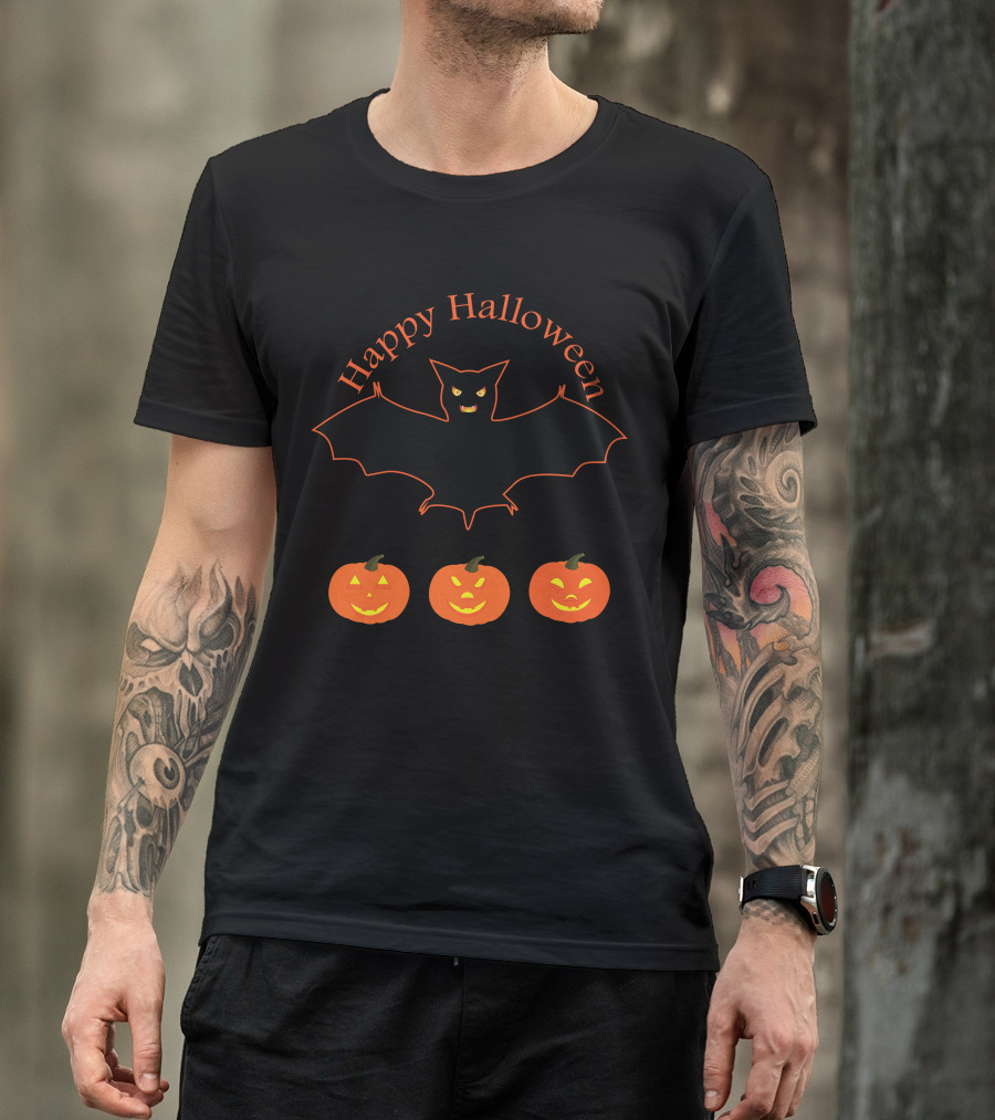 Happy Halloween Bat And Pumpkin Faces T-Shirt