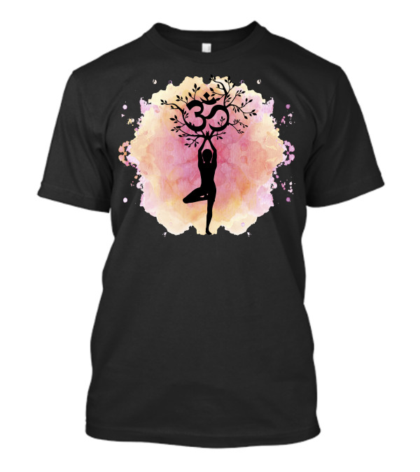 Yoga Namaste Om Symbol Tree Pose Watercolor Background T-Shirt