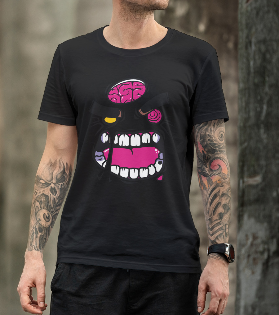 Angry Zombie Brain Exposed Eyes Bulging Teeth Bared T-Shirt