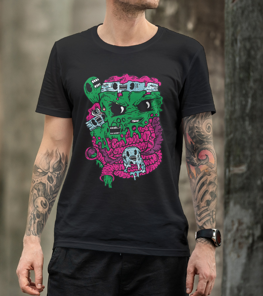 Dripping Zombie Cassettes Skull Face T-Shirt
