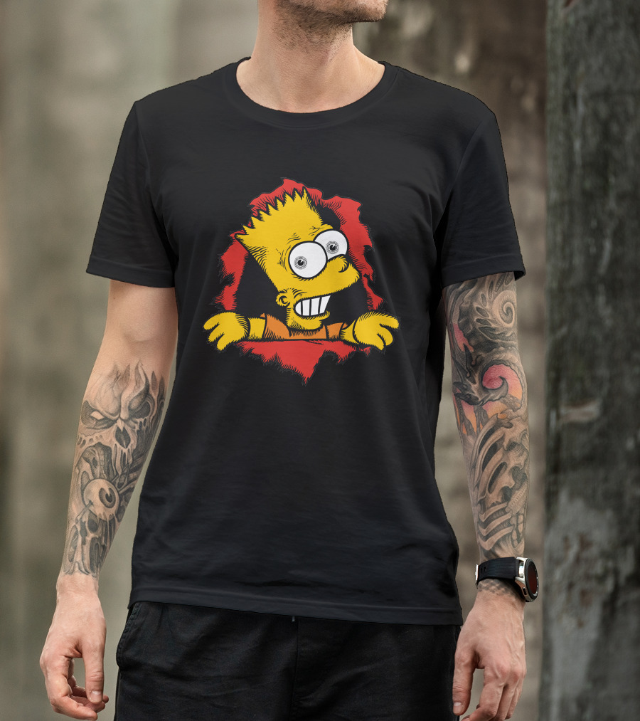 Bart Peralta Peeking Through Red Torn Wall Cartoon T-Shirt