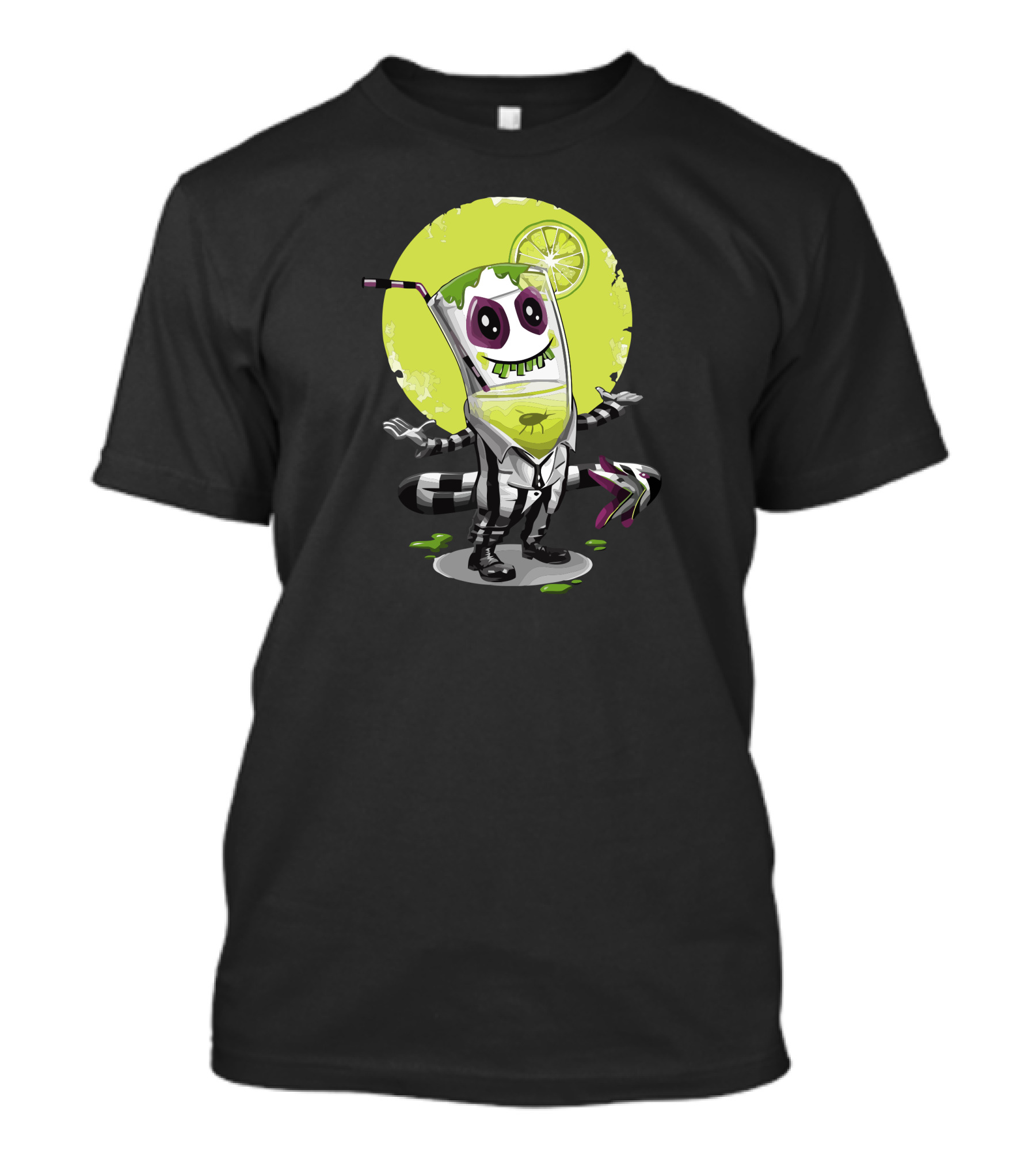 Beetle Juice Lime Drink Character With Striped Suit And Bat Features T-Shirt