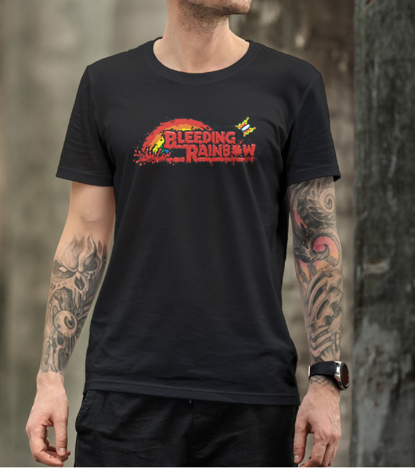 Bleeding Rainbow Retro Parody Logo With Butterflies And Dripping Colors T-Shirt