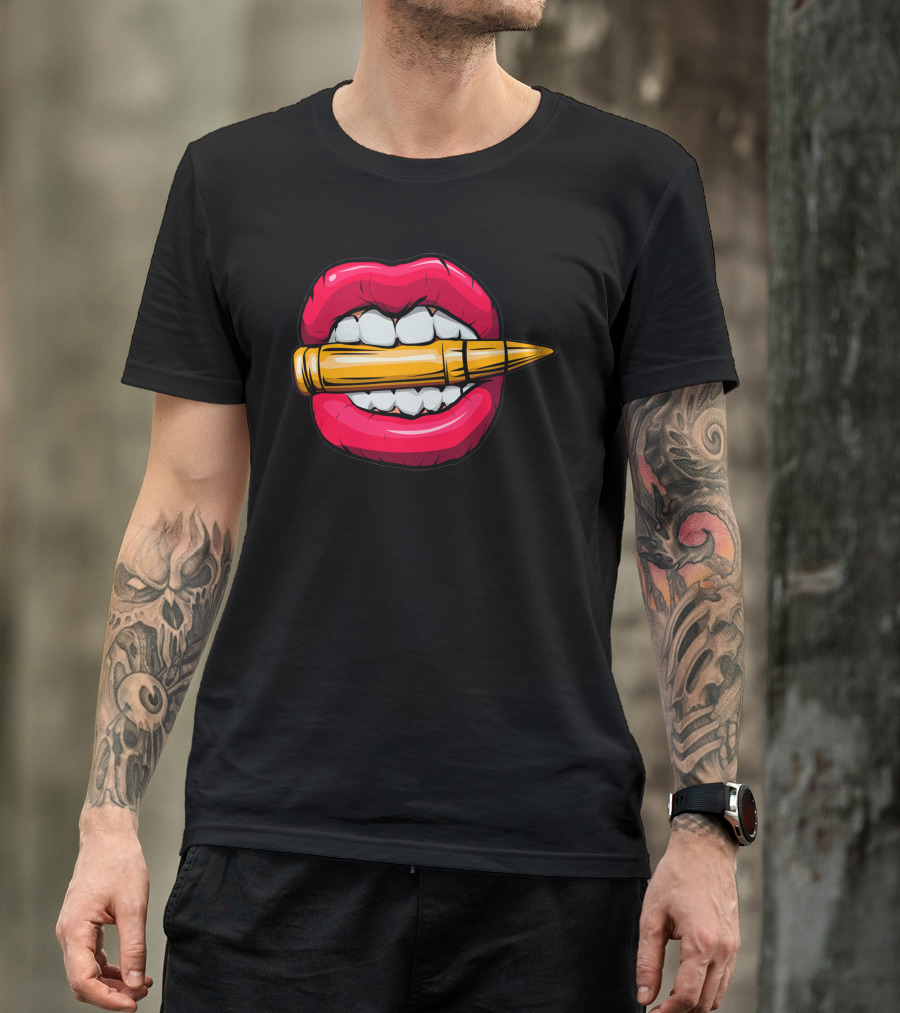 Bullet In Mouth Pop Art Lips Holding Ammunition T-Shirt