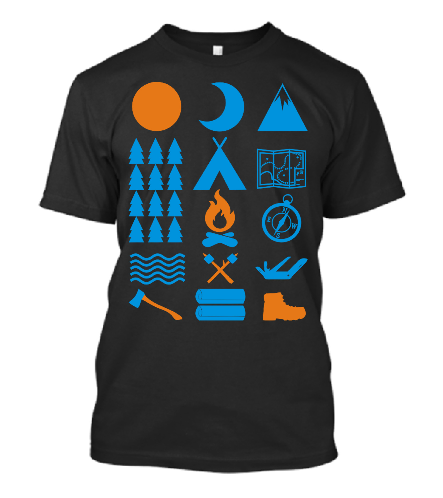 Carry On Camping Campfire Mountains Compass Trees Waves Tent Icon Set T-Shirt