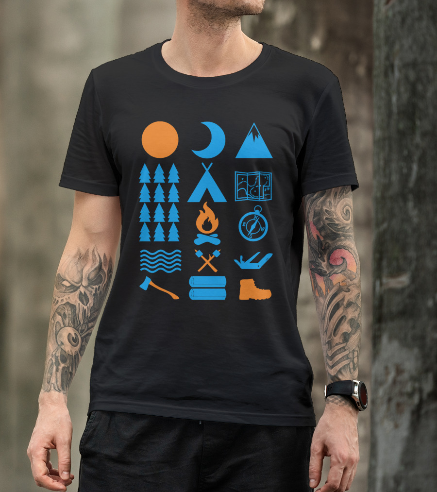 Carry On Camping Campfire Mountains Compass Trees Waves Tent Icon Set T-Shirt
