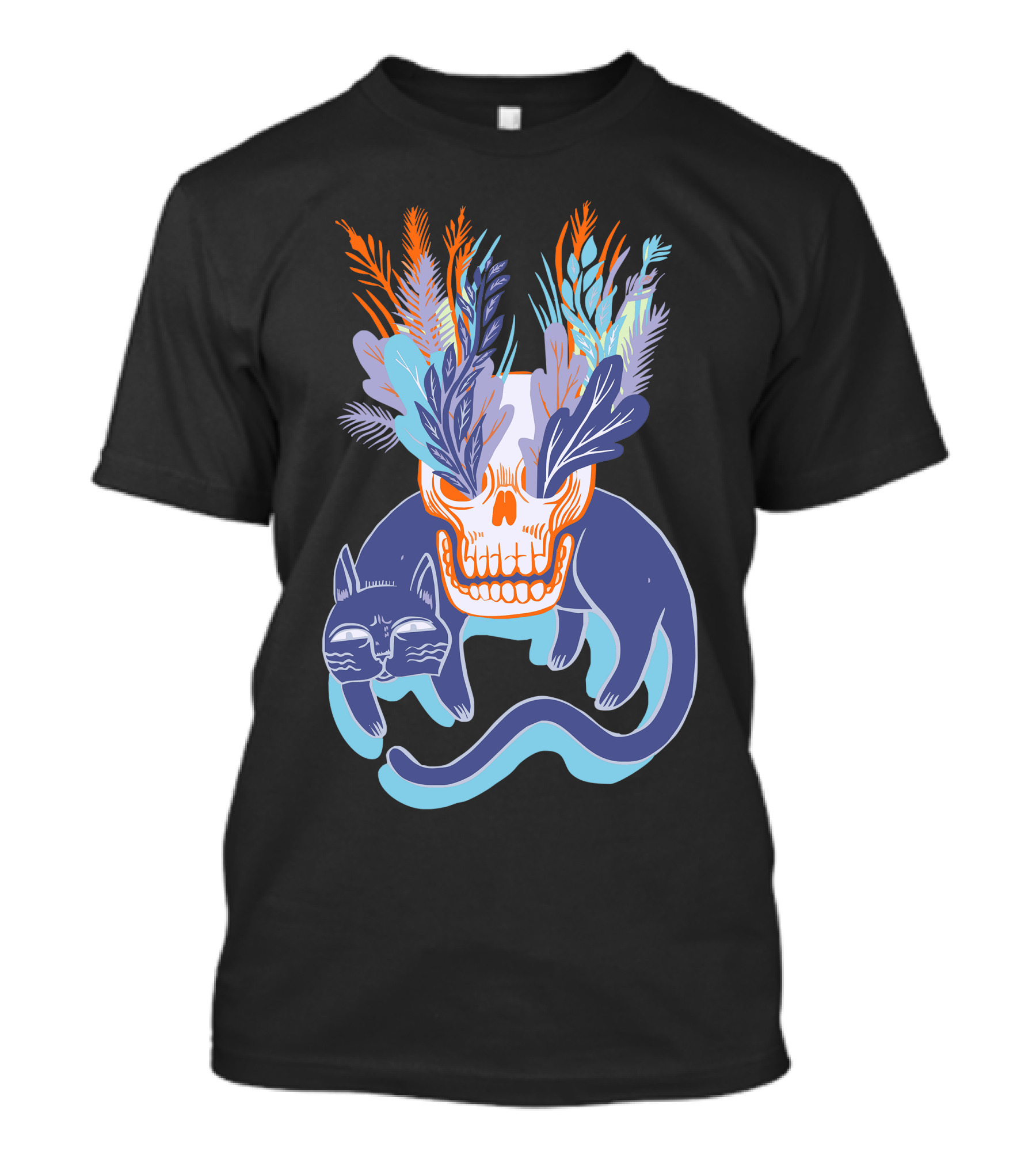 Cat Skull Floral Blue T-Shirt