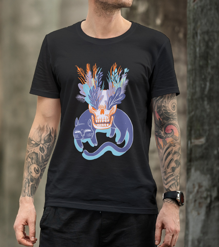Cat Skull Floral Blue T-Shirt