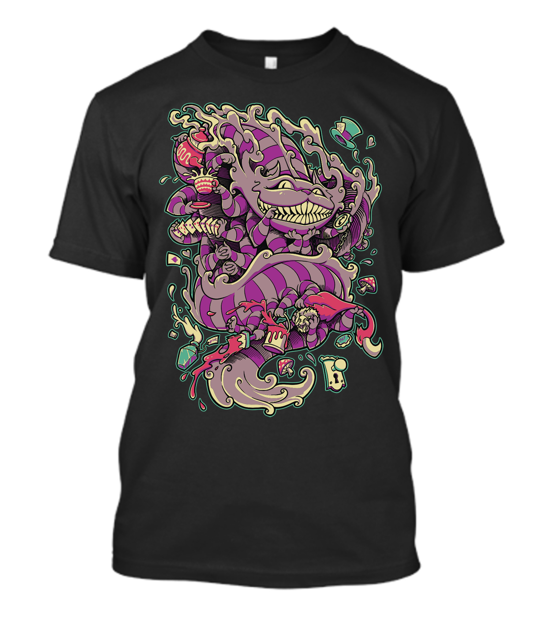 Cheshire Dragon Grinning With Fantasy Elements Alice In Wonderland Style Purple And Green T-Shirt