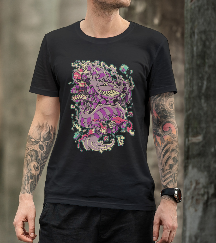 Cheshire Dragon Grinning With Fantasy Elements Alice In Wonderland Style Purple And Green T-Shirt