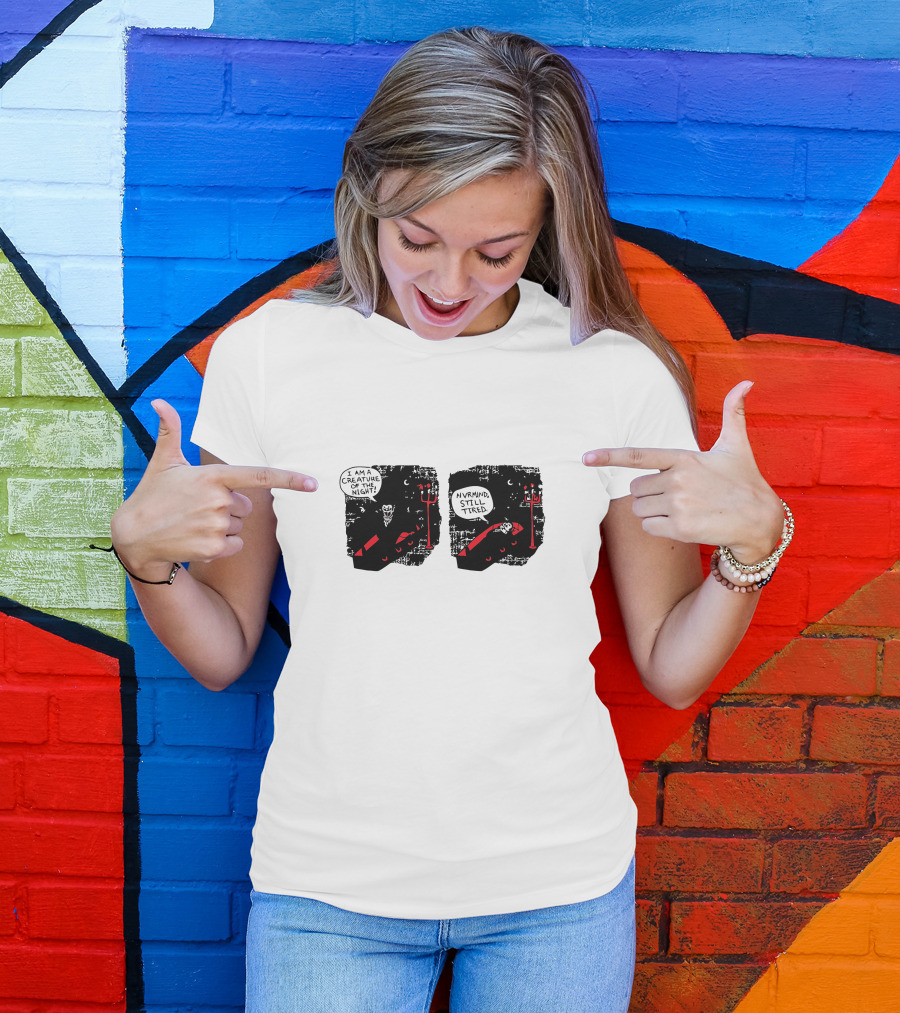 I Am A Creature Of The Night Nevermind Still Tired Vampire Coffin Moon Bats Lamp Post T-Shirt