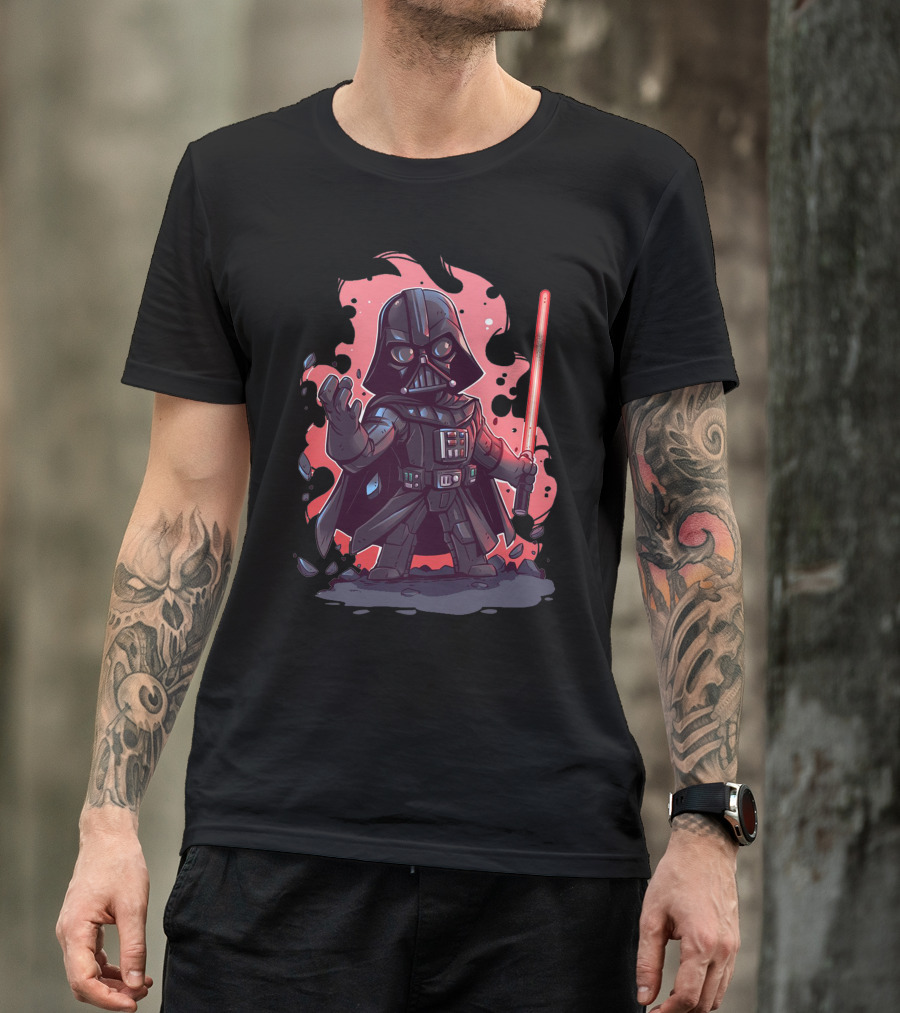 Darth Vader Kids Cartoon Character With Lightsaber T-Shirt