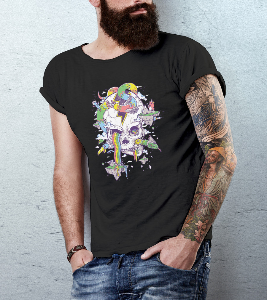 Flying Rainbow Skull With Floating Islands And Birds T-Shirt