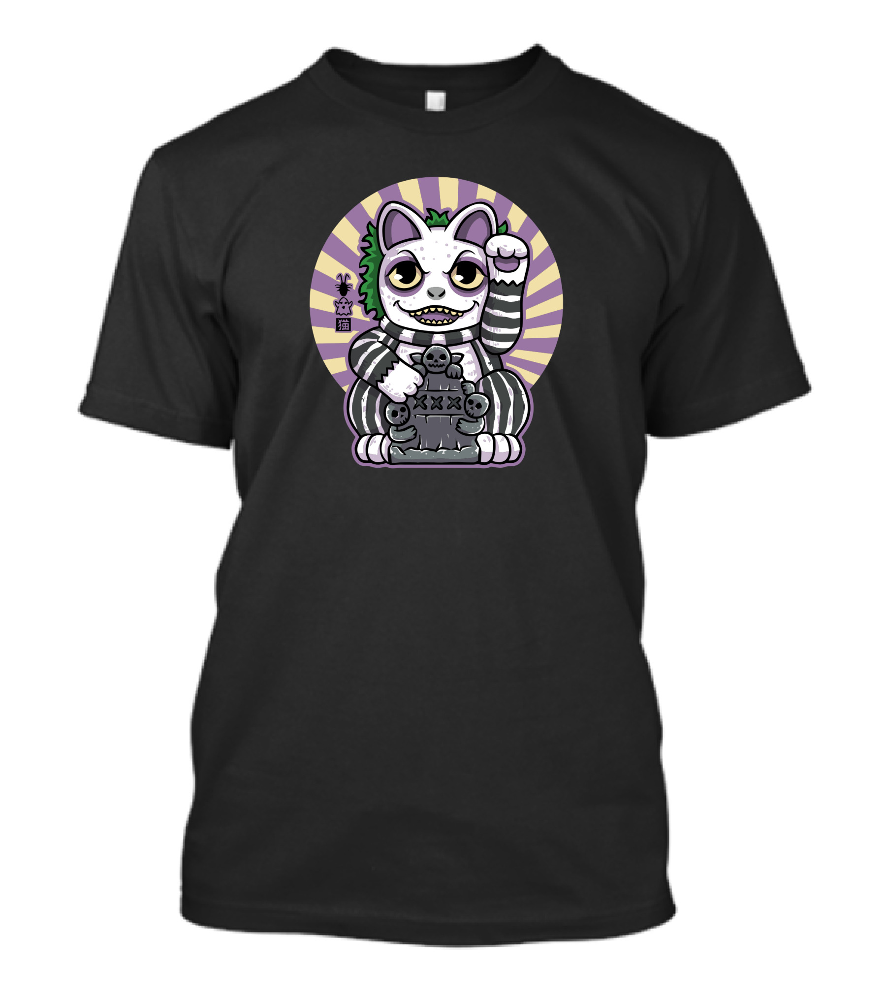 Beetlejuice Ghost Neko Lucky Cat With Tombstone And Skulls T-Shirt