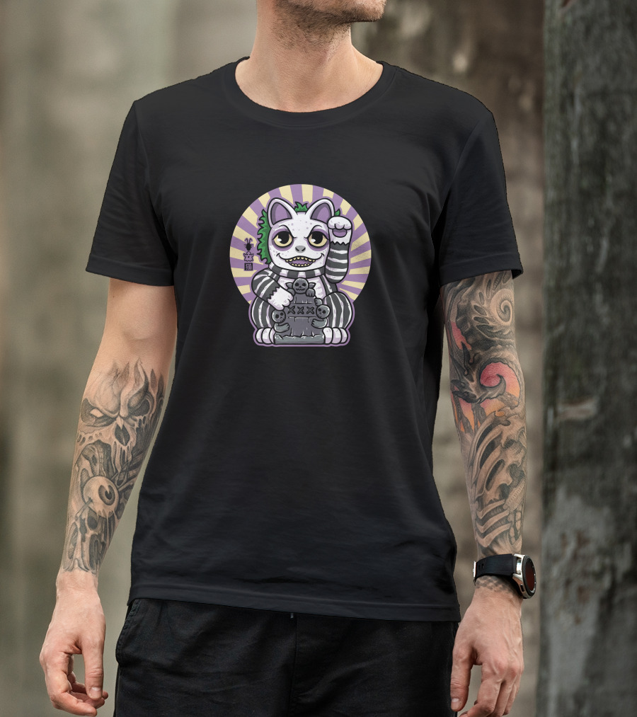 Beetlejuice Ghost Neko Lucky Cat With Tombstone And Skulls T-Shirt