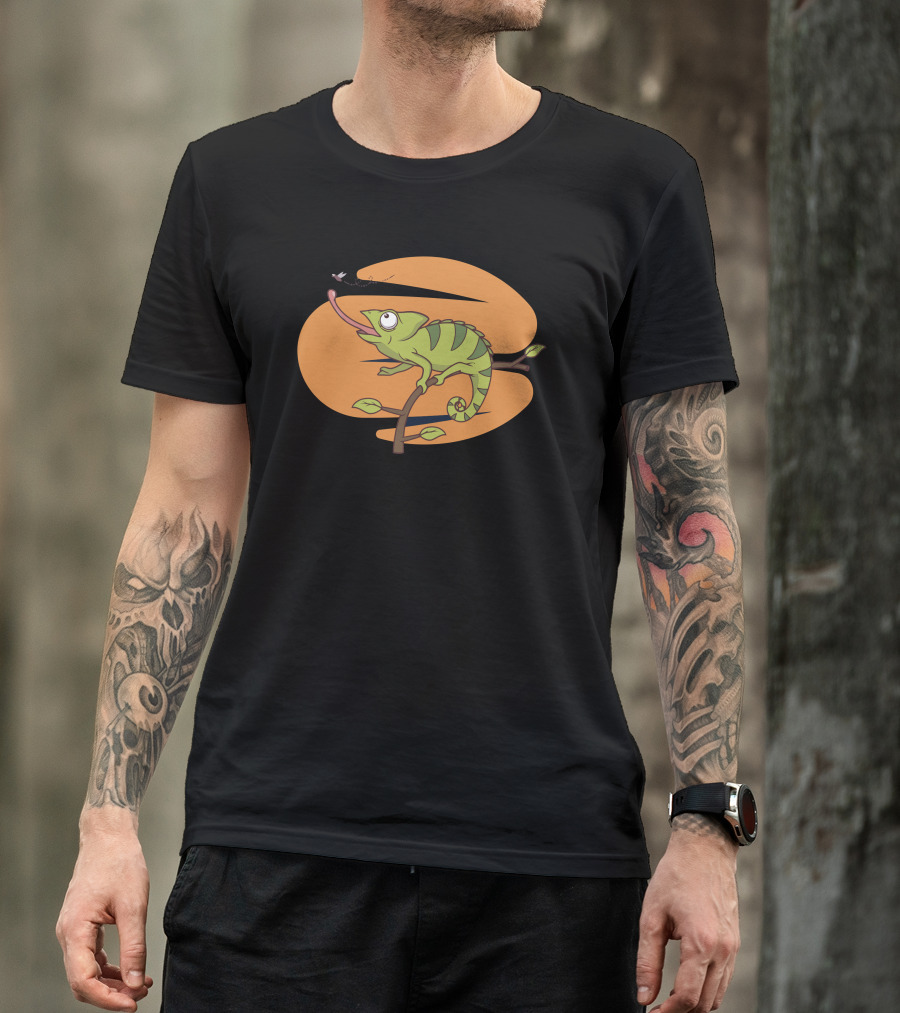 Lizard Skin Chameleon Tongue Catching Fly On Branch T-Shirt
