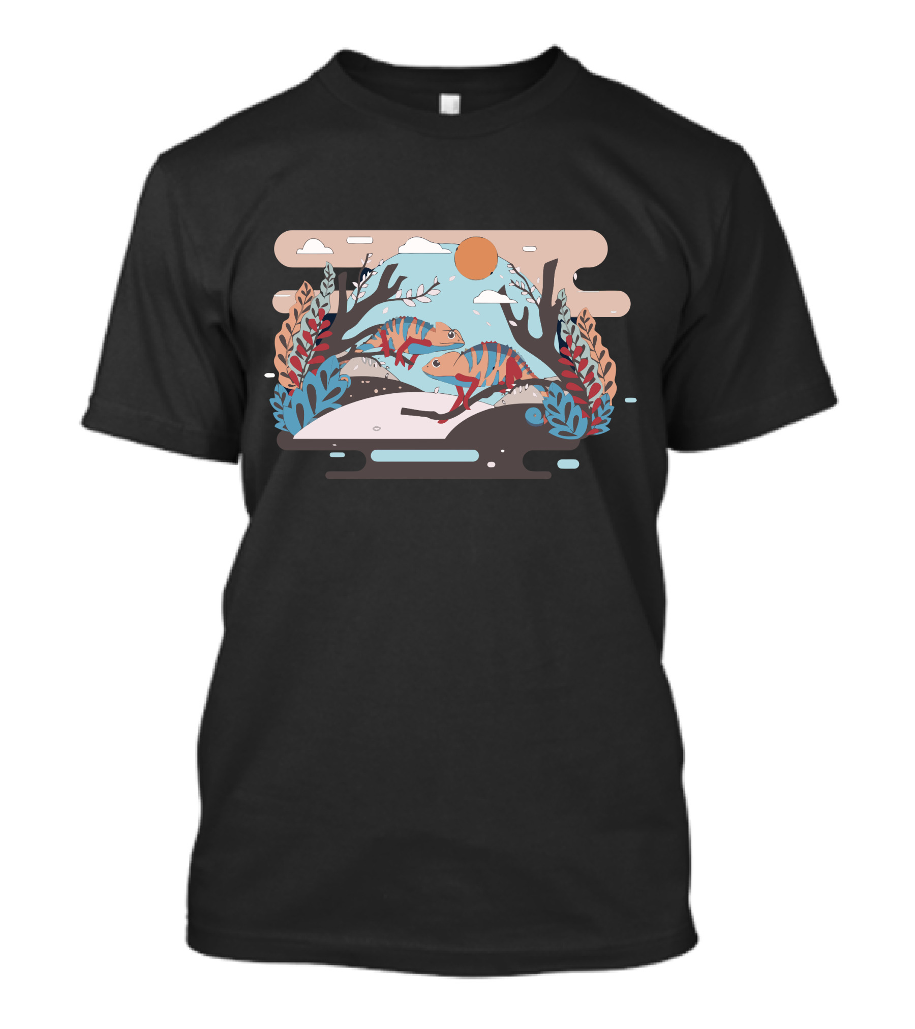 Lizardd Vibrant Chameleon Duo In Abstract Nature Scene T-Shirt