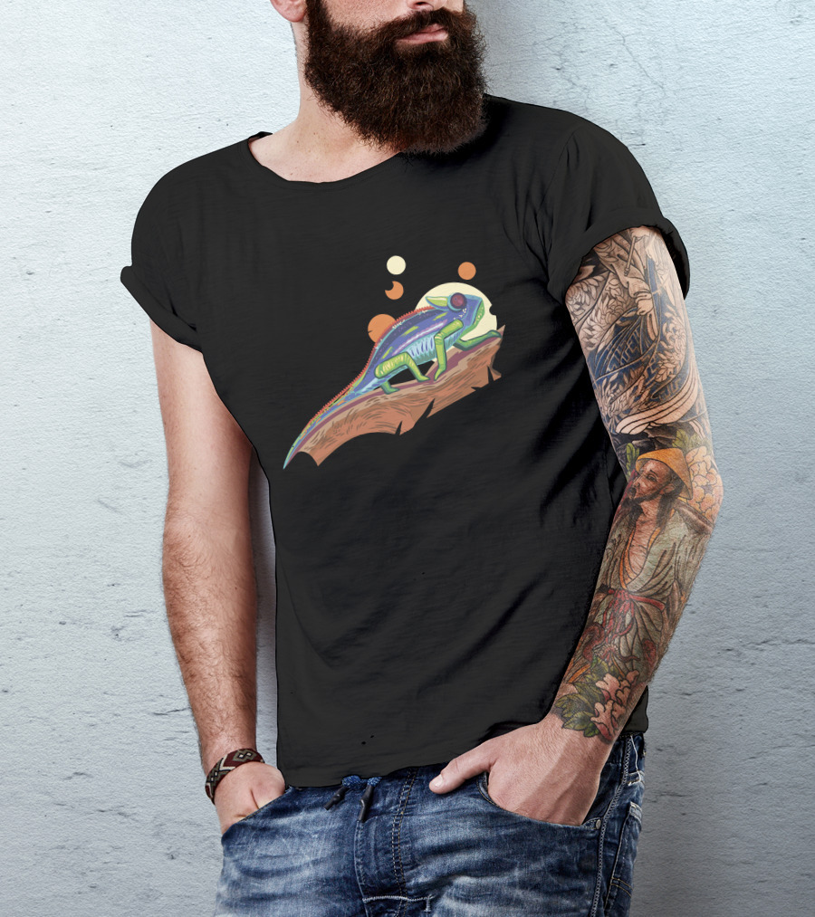 Lizzzzard Colorful Chameleon On Branch With Geometric Circles T-Shirt