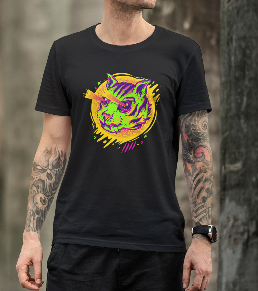 Mad Cat With Laser Vision In Neon Psychedelic T-Shirt