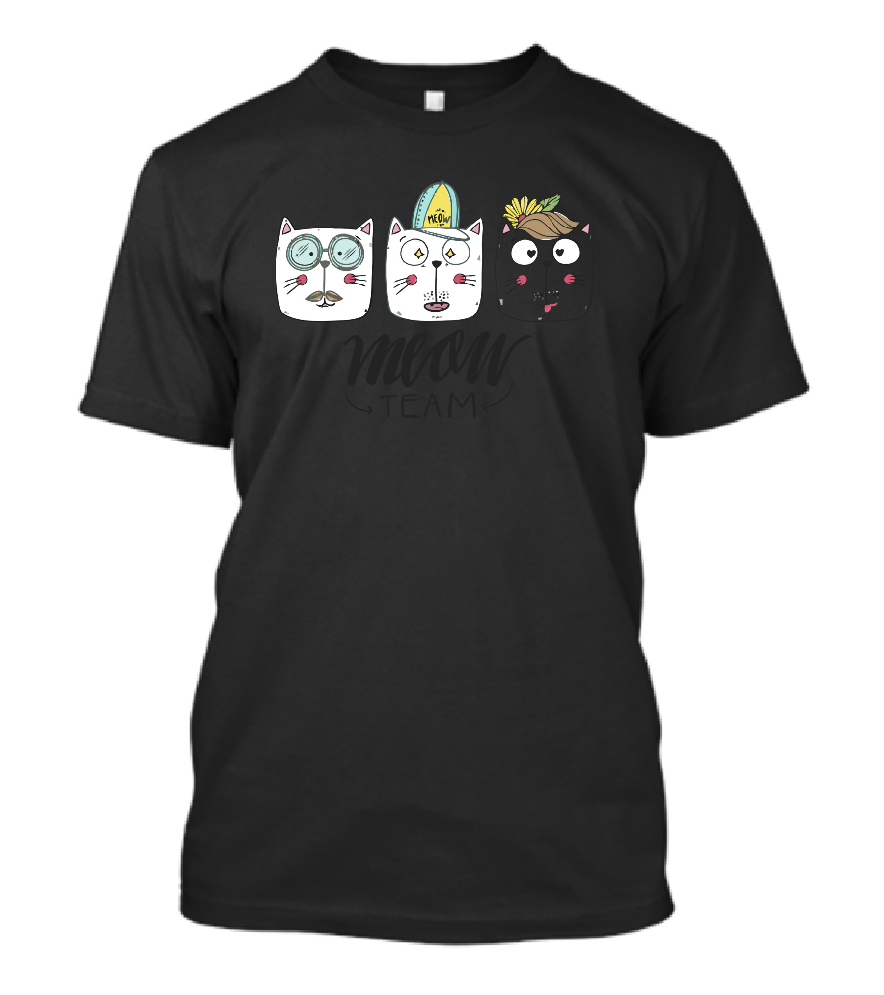 Meow Team Quirky Cat Faces With Sunglasses Hats And Flowers T-Shirt