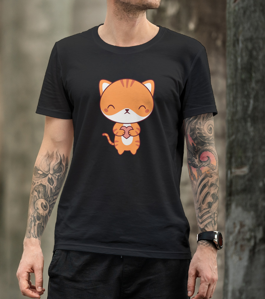 Orange Kawaii Cute Kitten Cat Holding Heart T-Shirt