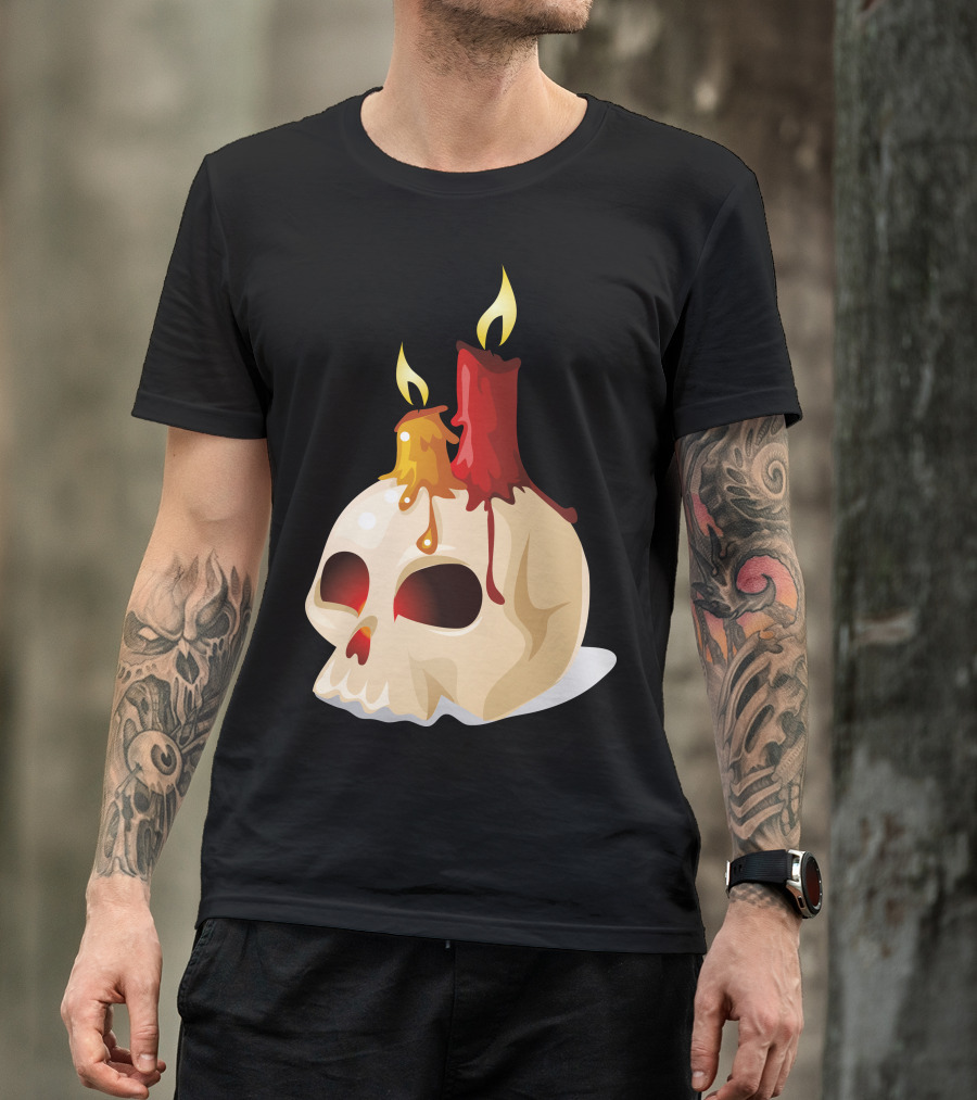 Halloween Elements Skull With Melting Candle Wax And Flames T-Shirt
