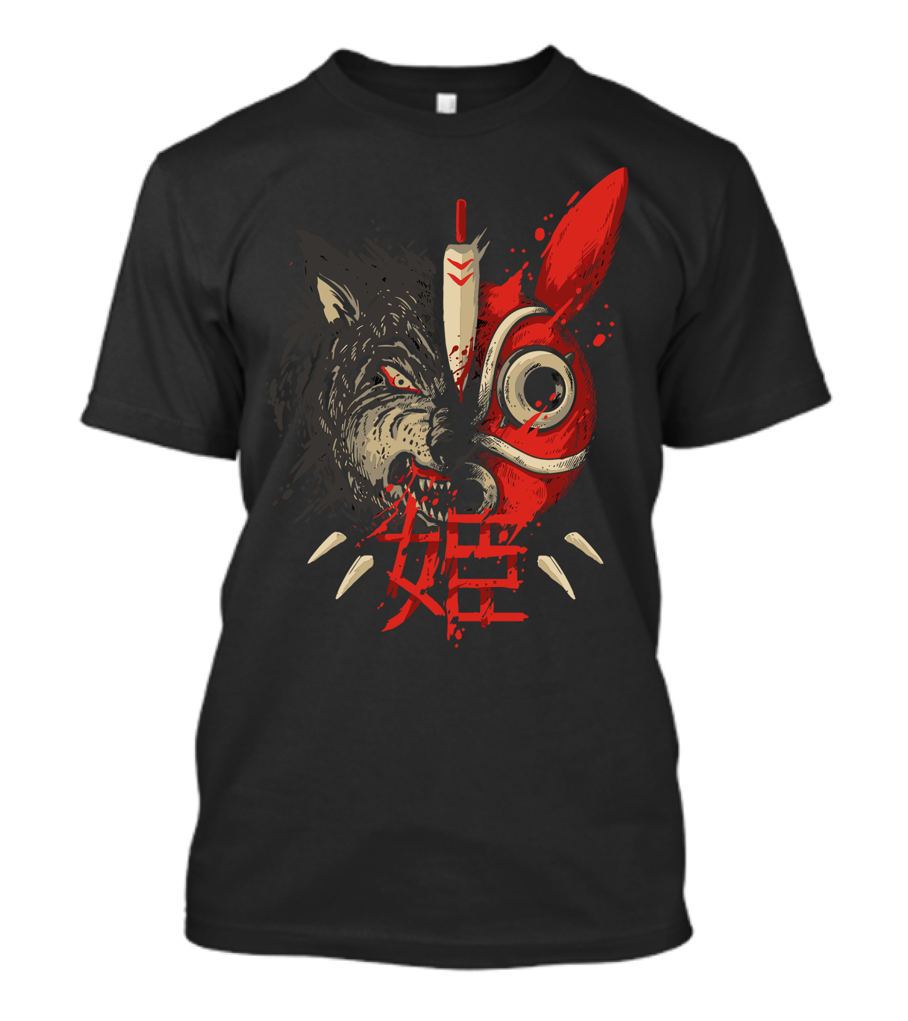 Mononoke Wolf Princess Hime Red Mask Kanji T-Shirt