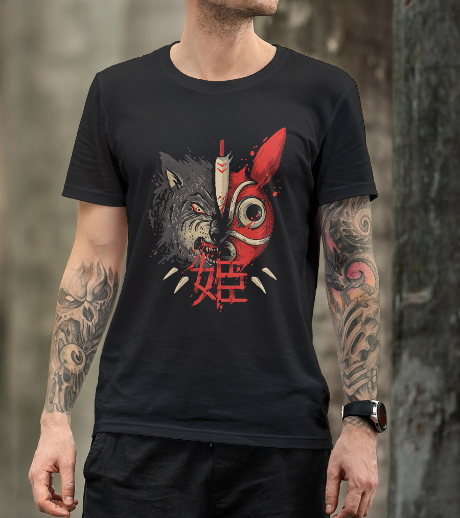 Mononoke Wolf Princess Hime Red Mask Kanji T-Shirt