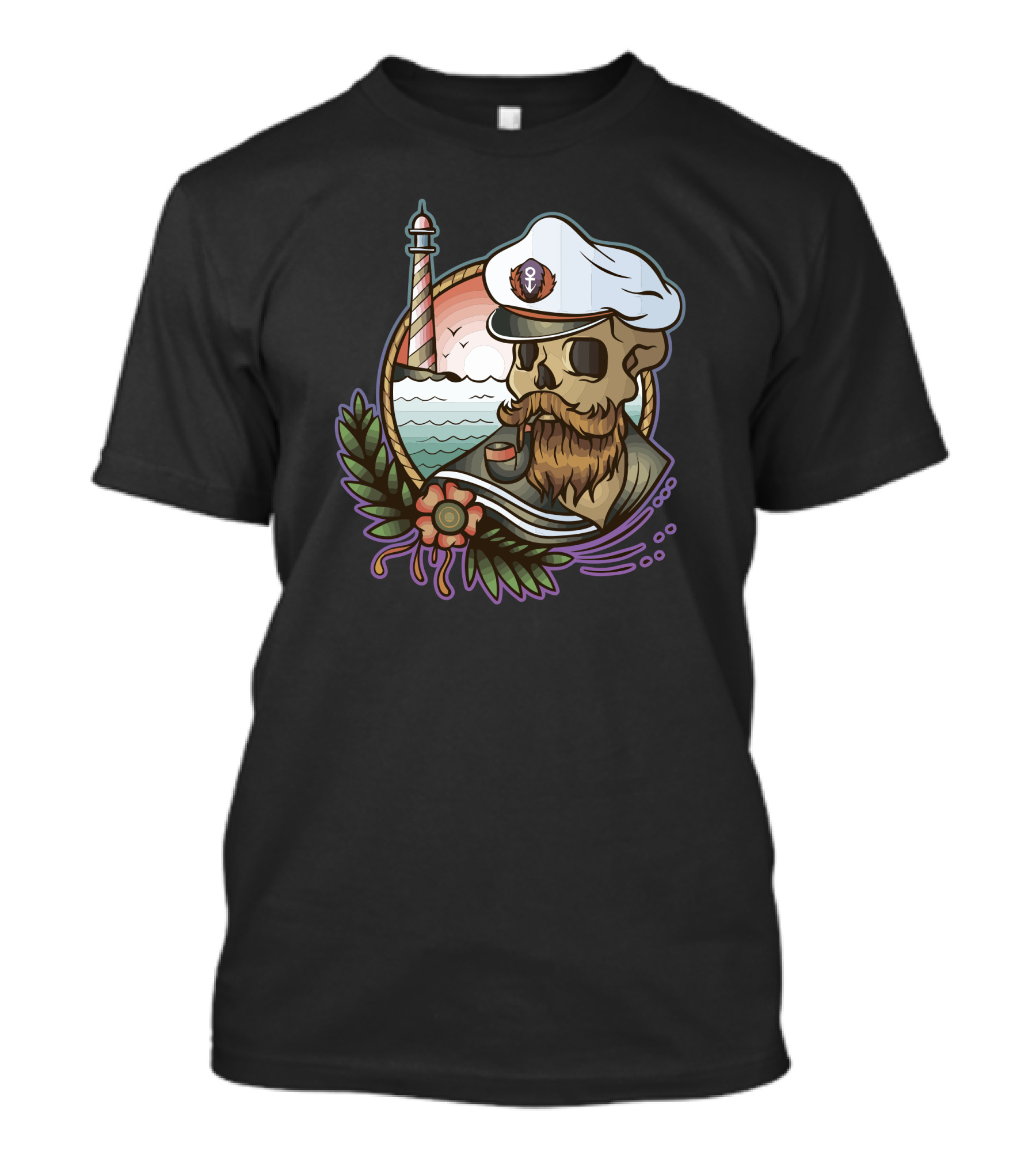 Hipster Skull Sailor With Pipe And Lighthouse Background T-Shirt