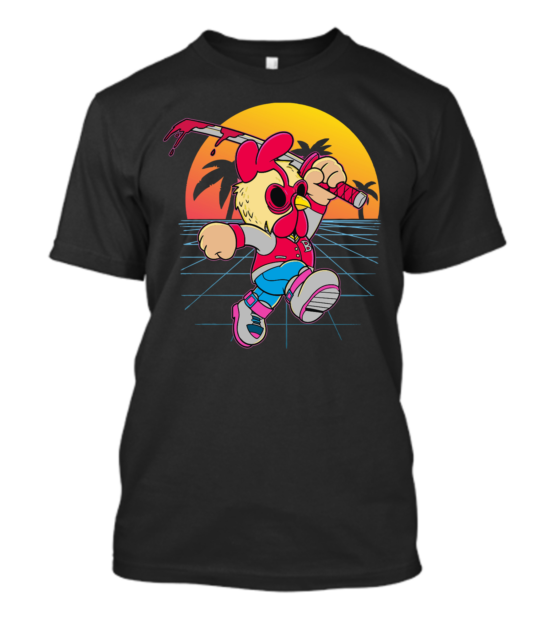 Retro Hotline Miami Chicken With Samurai Sword Gamer Mashup T-Shirt