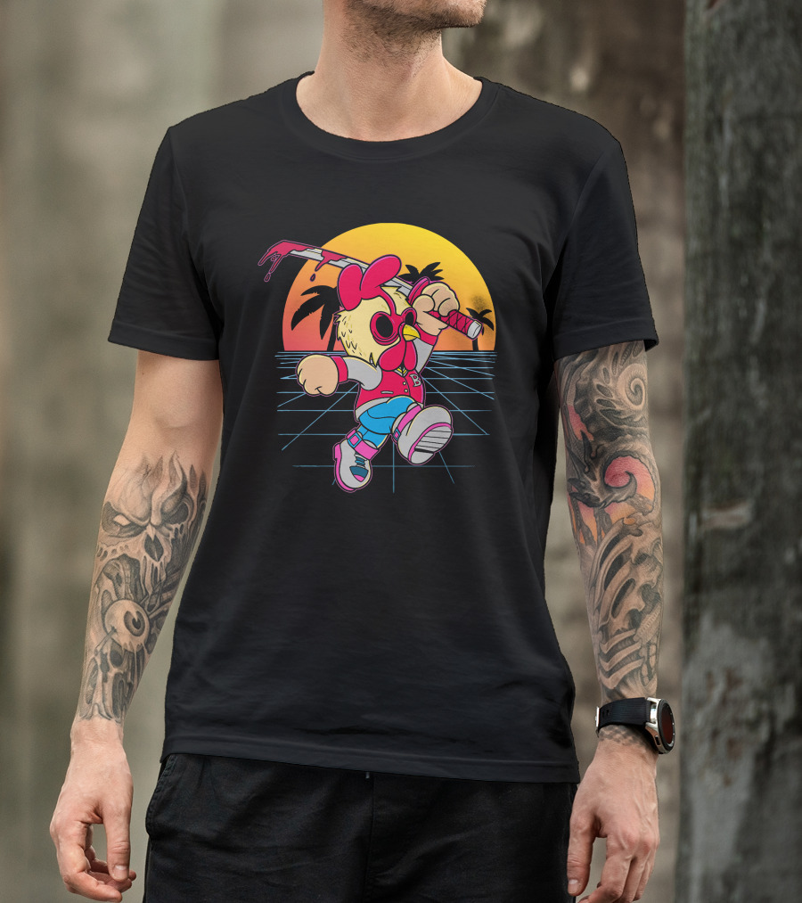Retro Hotline Miami Chicken With Samurai Sword Gamer Mashup T-Shirt