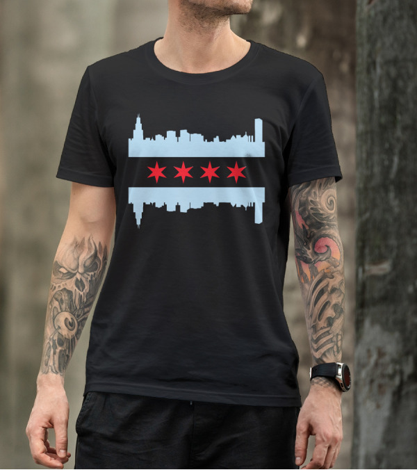 Chicago Skyline Flag With Red Stars T-Shirt