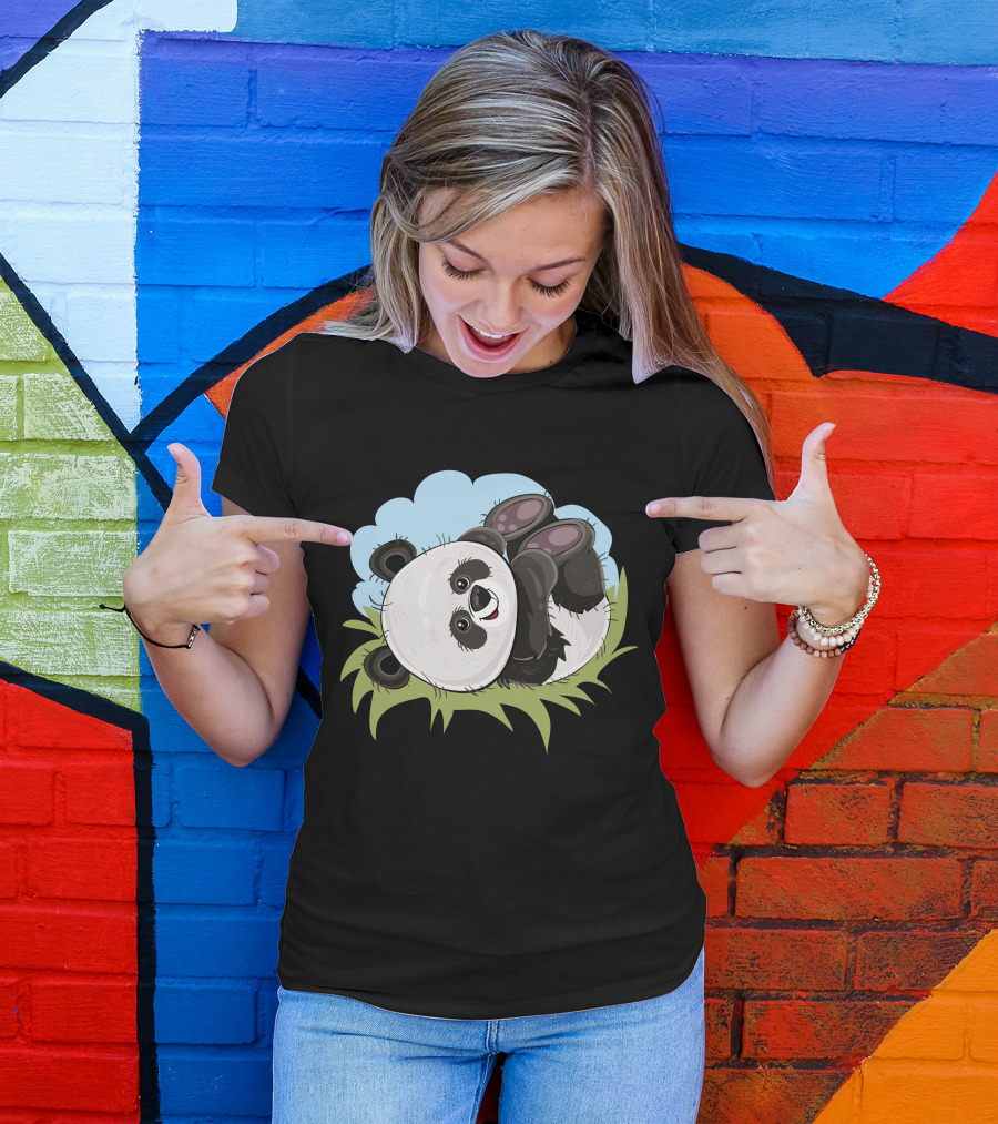 Cool Panda Rolling In Grass Under Blue Sky T-Shirt