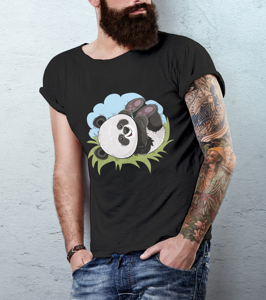 Cool Panda Rolling In Grass Under Blue Sky T-Shirt