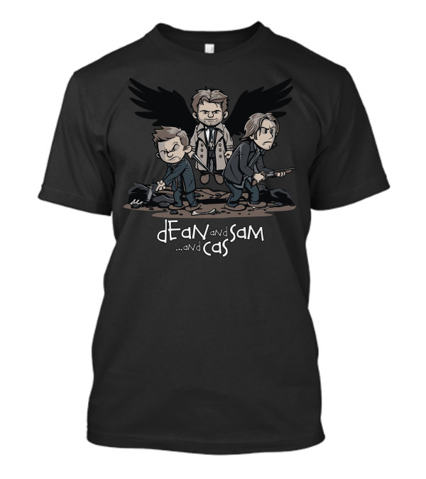 Dean And Sam And Cas Cartoon Characters With Wings And Weapons T-Shirt
