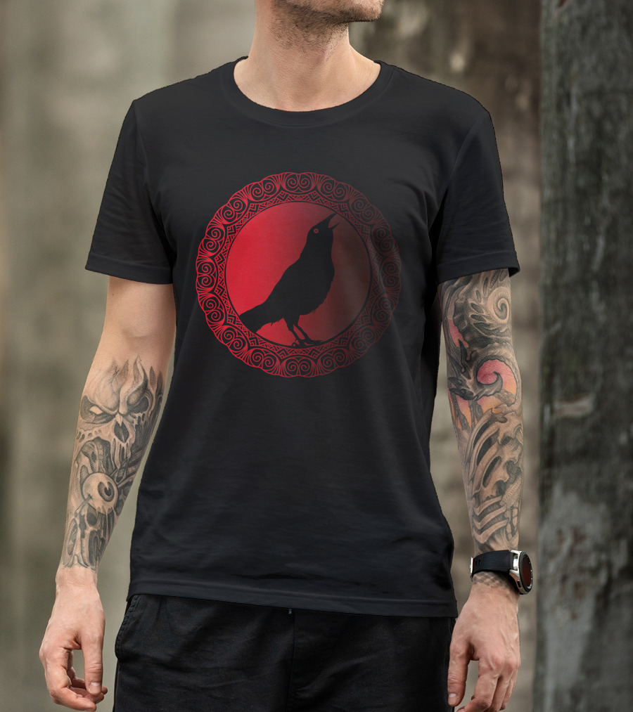 Edda Crown Celtic Raven Red Circle T-Shirt