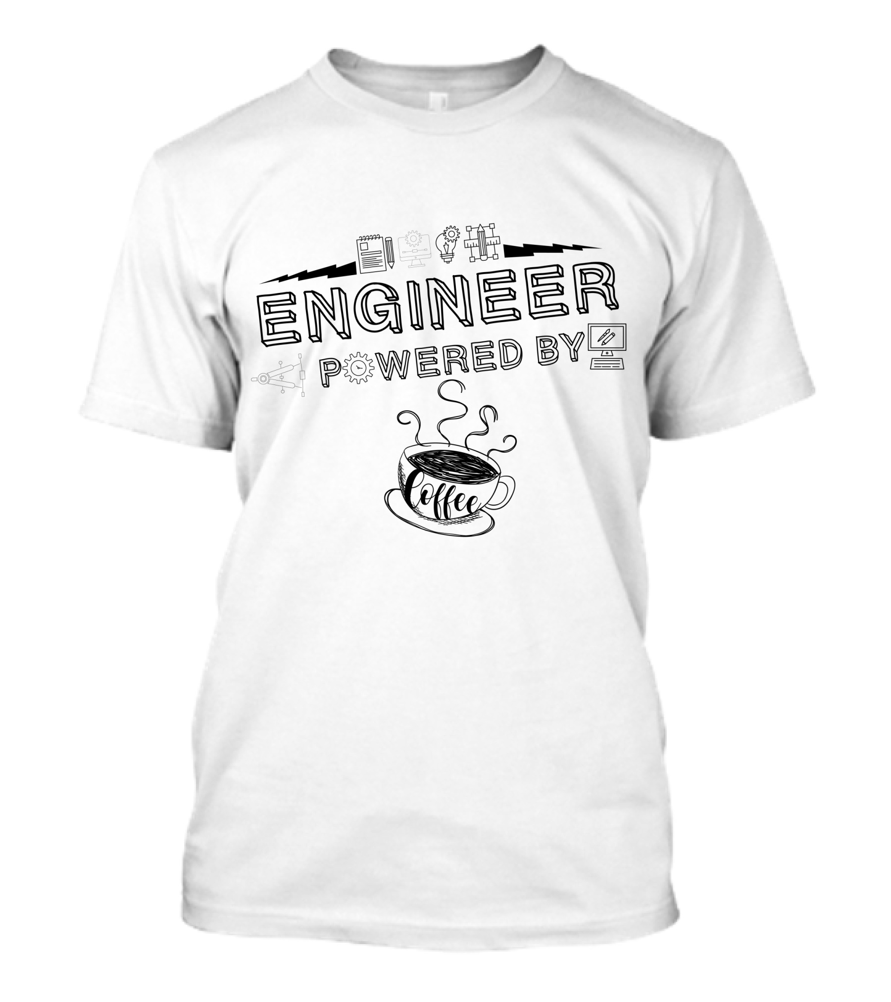 Engineer Powered By Coffee With Book Gears And Computer Icons T-Shirt