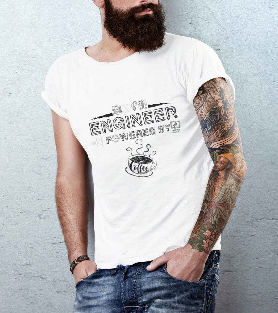 Engineer Powered By Coffee With Book Gears And Computer Icons T-Shirt