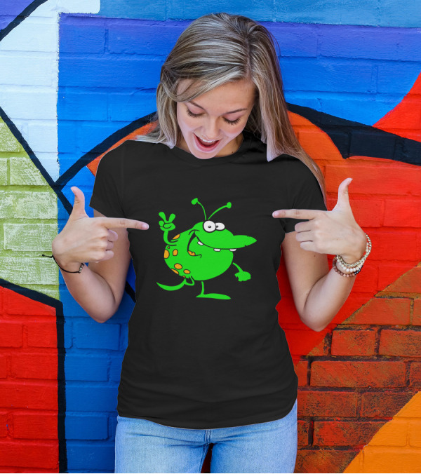 Alien Showing Peace Sign With Green Spotted Cartoon Character T-Shirt