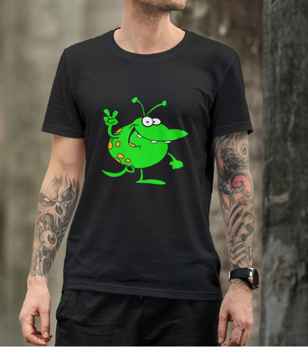 Alien Showing Peace Sign With Green Spotted Cartoon Character T-Shirt