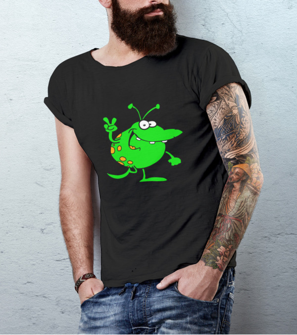 Alien Showing Peace Sign With Green Spotted Cartoon Character T-Shirt