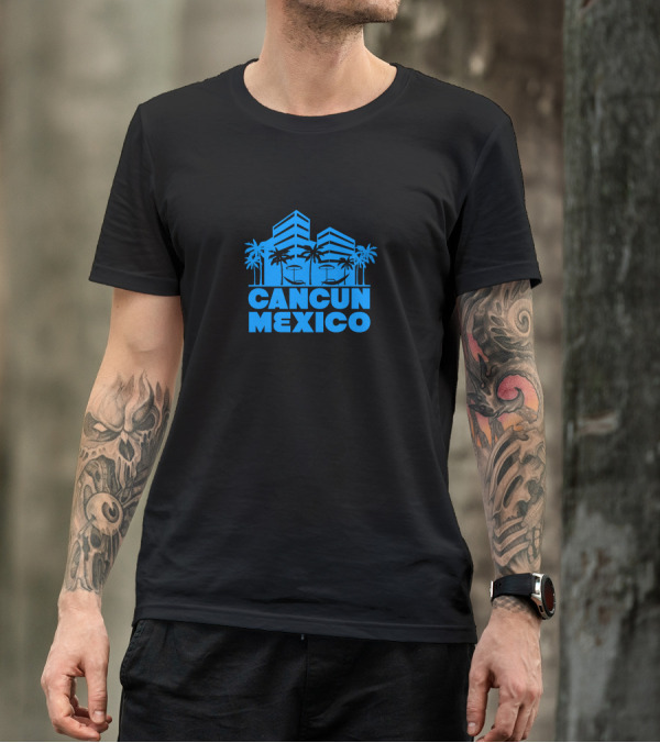Cancun Mexico Beachfront Skyline With Palm Trees T-Shirt