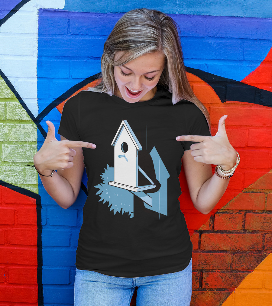 Purrfect Plan: Cat Hiding Behind Birdhouse With Shadow And Bush T-Shirt