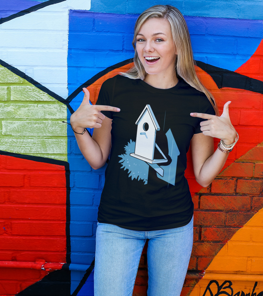 Purrfect Plan: Cat Hiding Behind Birdhouse With Shadow And Bush T-Shirt