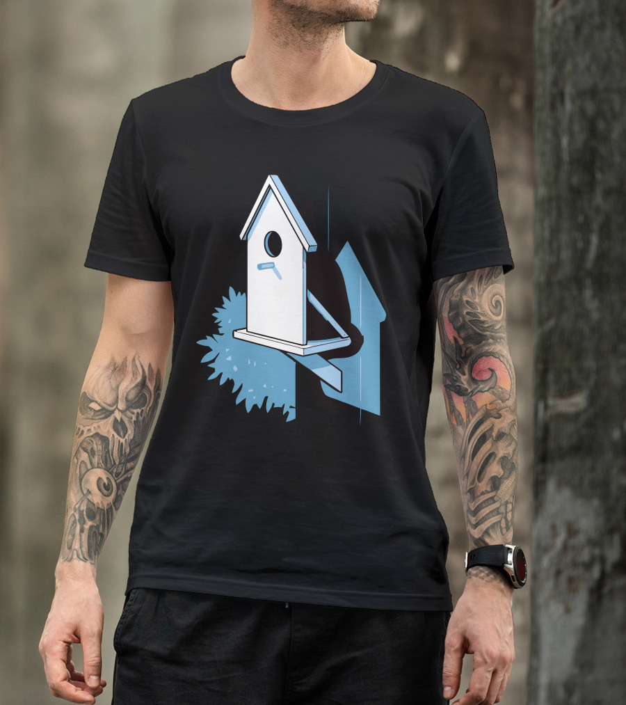 Purrfect Plan: Cat Hiding Behind Birdhouse With Shadow And Bush T-Shirt