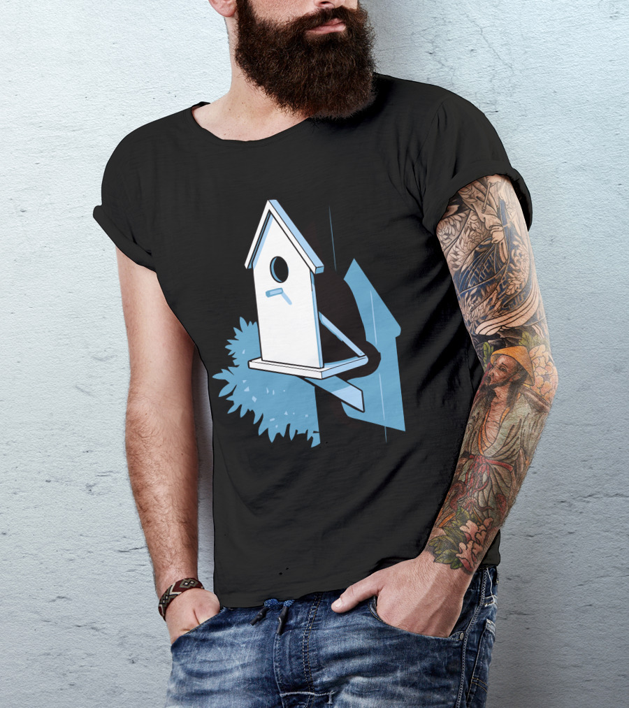 Purrfect Plan: Cat Hiding Behind Birdhouse With Shadow And Bush T-Shirt