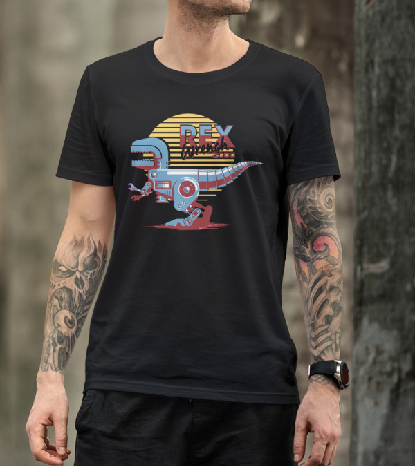 Rex Wrench 2000 Robotic Dinosaur Against Retro Sun Stripes T-Shirt