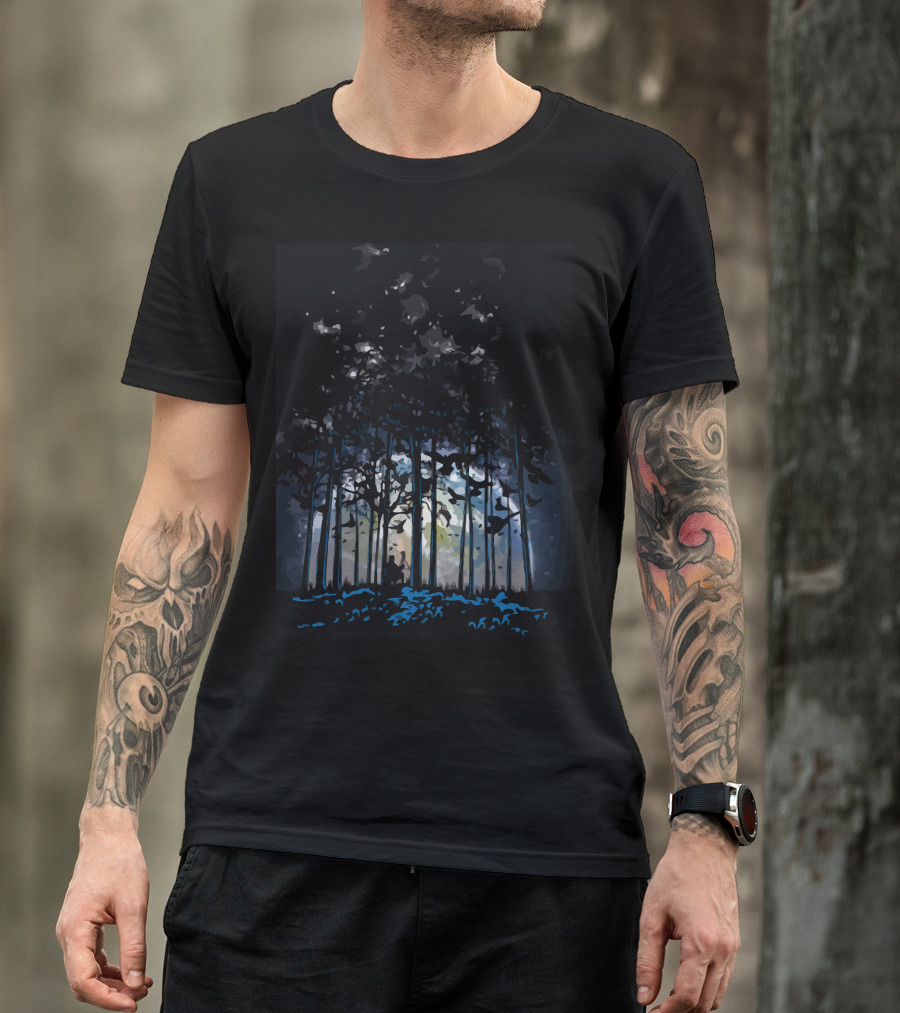 Rising Moonlit Forest Silhouette With Night Sky And Trees T-Shirt
