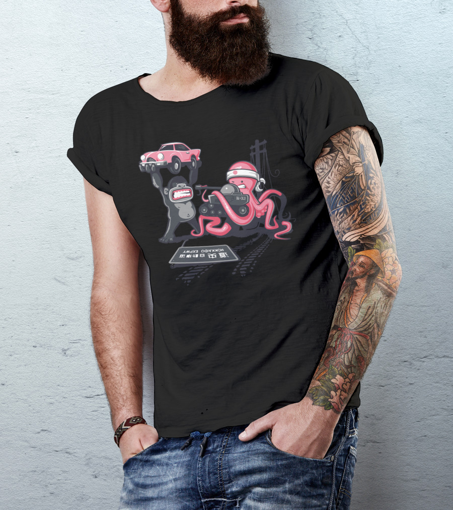 Road Closed Octopus And Gorilla Car Lift On Hokkaido Expressway T-Shirt